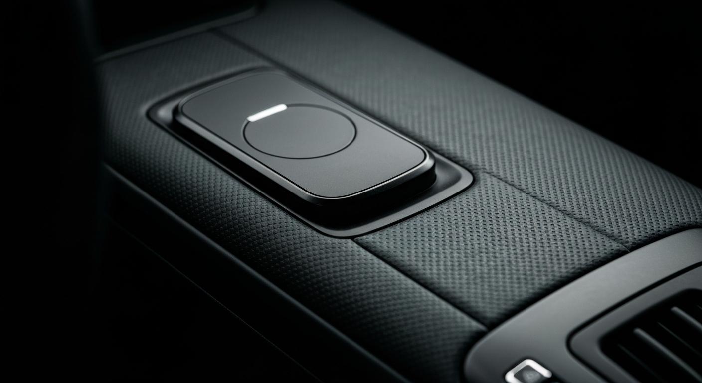An extreme close-up photograph of the textured, pebbled surface of a car's dashboard, with a wireless phone charger mount prominently featured in the center, conveying a sense of modern, streamlined design.