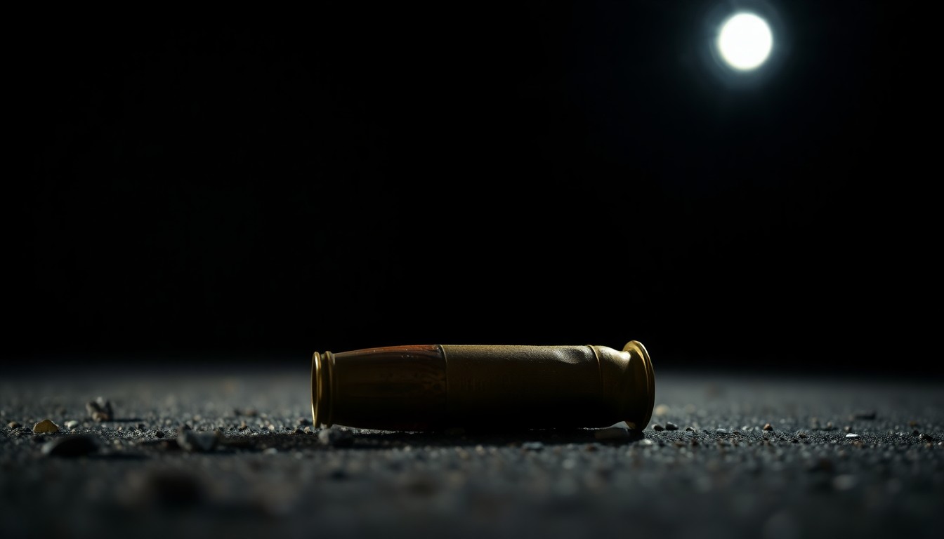 An extreme close-up photograph of a spent shell casing on the ground, reflecting a harsh, direct camera flash and creating a stark, gritty, investigative aesthetic that conceptually illustrates the tragic aftermath of a fatal shooting.