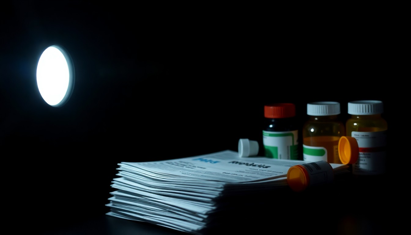 An extreme close-up of a stack of medical bills and prescription bottles reflecting a harsh, direct camera flash, conceptually illustrating the gritty details of a healthcare fraud investigation.