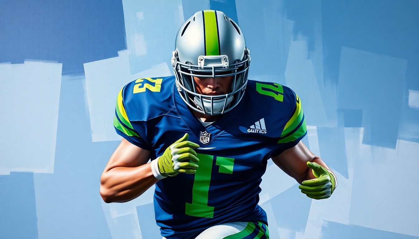 A cubist, geometric illustration depicting a football player's body and equipment broken down into sharp, overlapping planes of navy blue, lime green, and metallic silver, conveying the technical precision and customization of the player's gear.