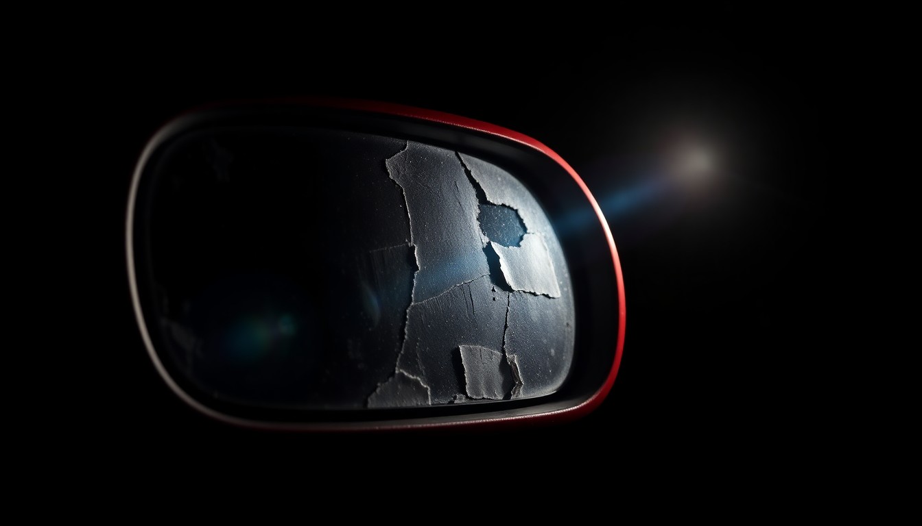 An extreme close-up photograph of a cracked and scratched car side mirror, lit dramatically by a harsh flash against a dark background, conveying the stark, investigative nature of this hit-and-run incident.