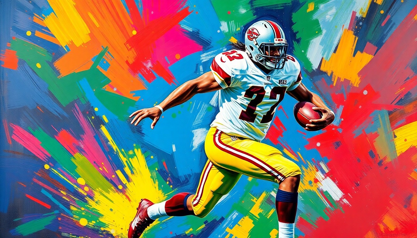 An abstract, energetic painting in neon colors depicting the dynamic movement of a football player, conveying the intensity and passion of the sport.