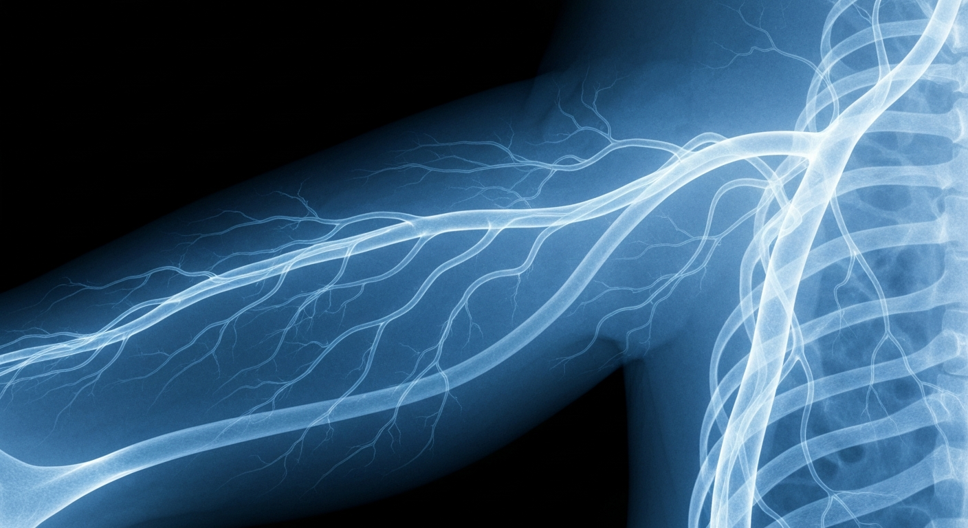 A ghostly, translucent X-ray photograph of a human vein, glowing with a faint blue light, conceptually representing the fragile circulatory system and the promise of a new gene therapy treatment for Hemophilia B.