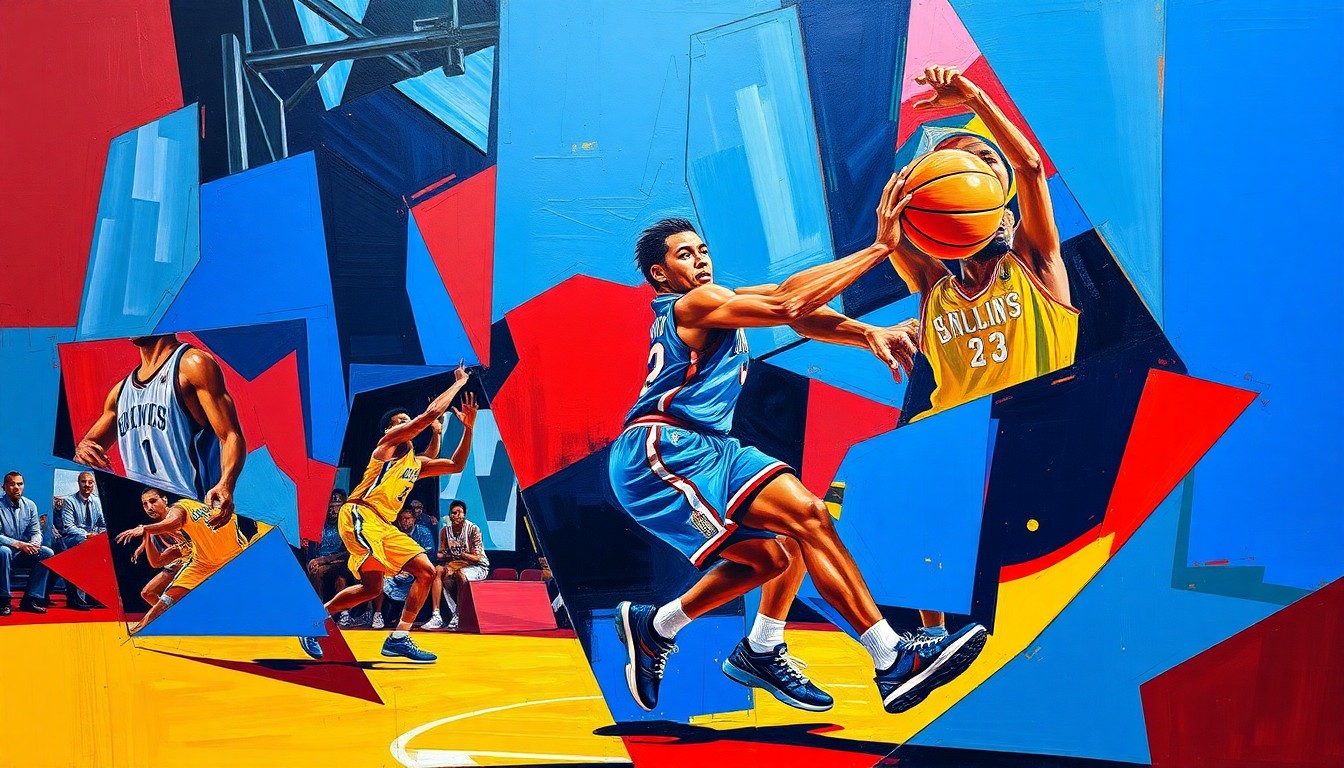 A fractured, cubist-style painting depicting a basketball player in motion, with their form broken down into sharp, overlapping geometric shapes and planes in vibrant blue, red, and yellow hues.