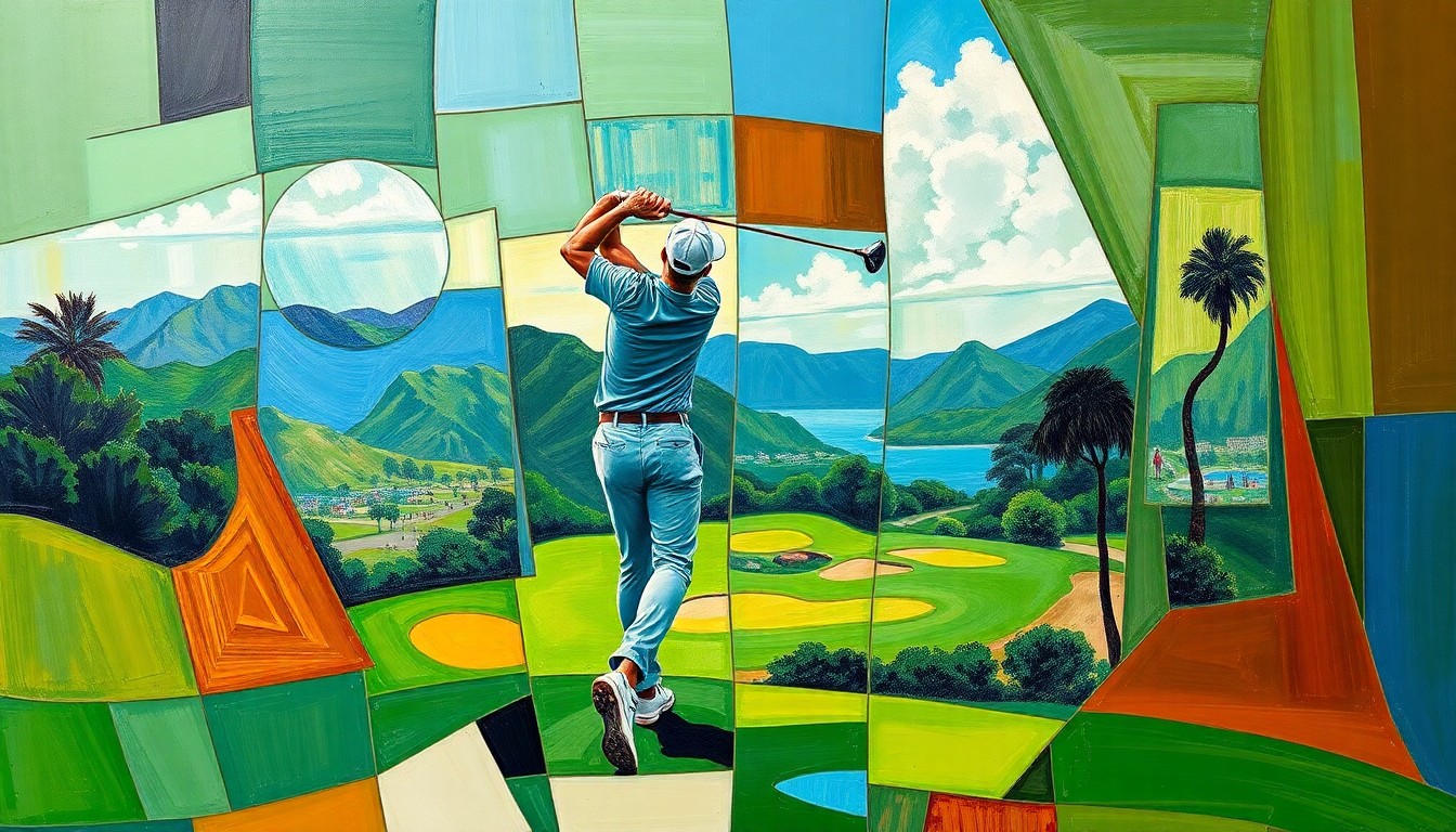 A fractured, multi-perspective painting depicting a golfer's swing and the Rio Olympic Golf Course in a cubist style, with sharp geometric planes in vibrant greens, browns, and blues conceptually representing the competitive energy of a major professional tournament.