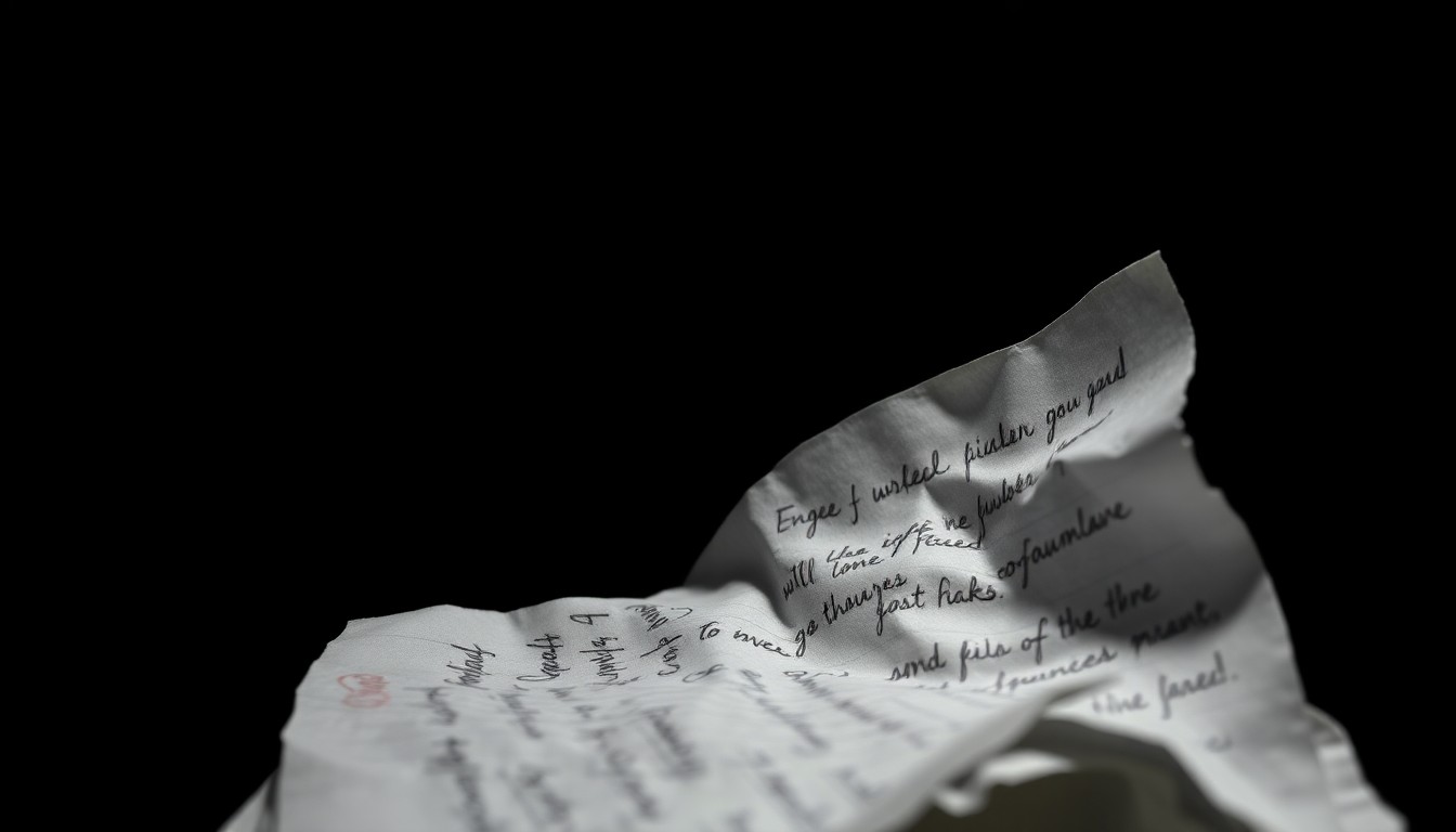 An extreme close-up photograph of a crumpled piece of paper with handwritten notes, conveying a stark, gritty, investigative aesthetic without any text or identifiable elements.