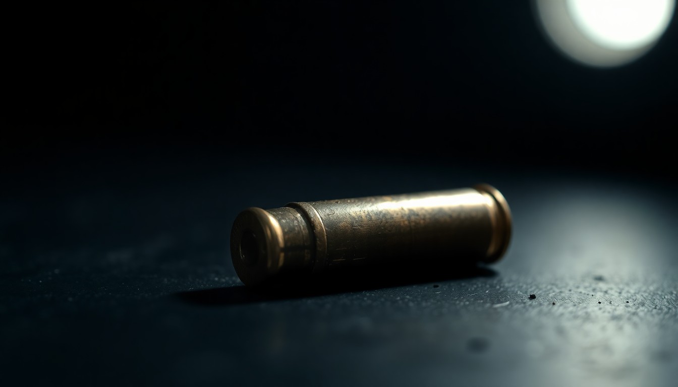 An extreme close-up of a single spent bullet casing, its metallic surface reflecting the harsh light of the camera flash, conceptually representing the ongoing trauma and grief felt by the Chabba family after the FSU shooting.