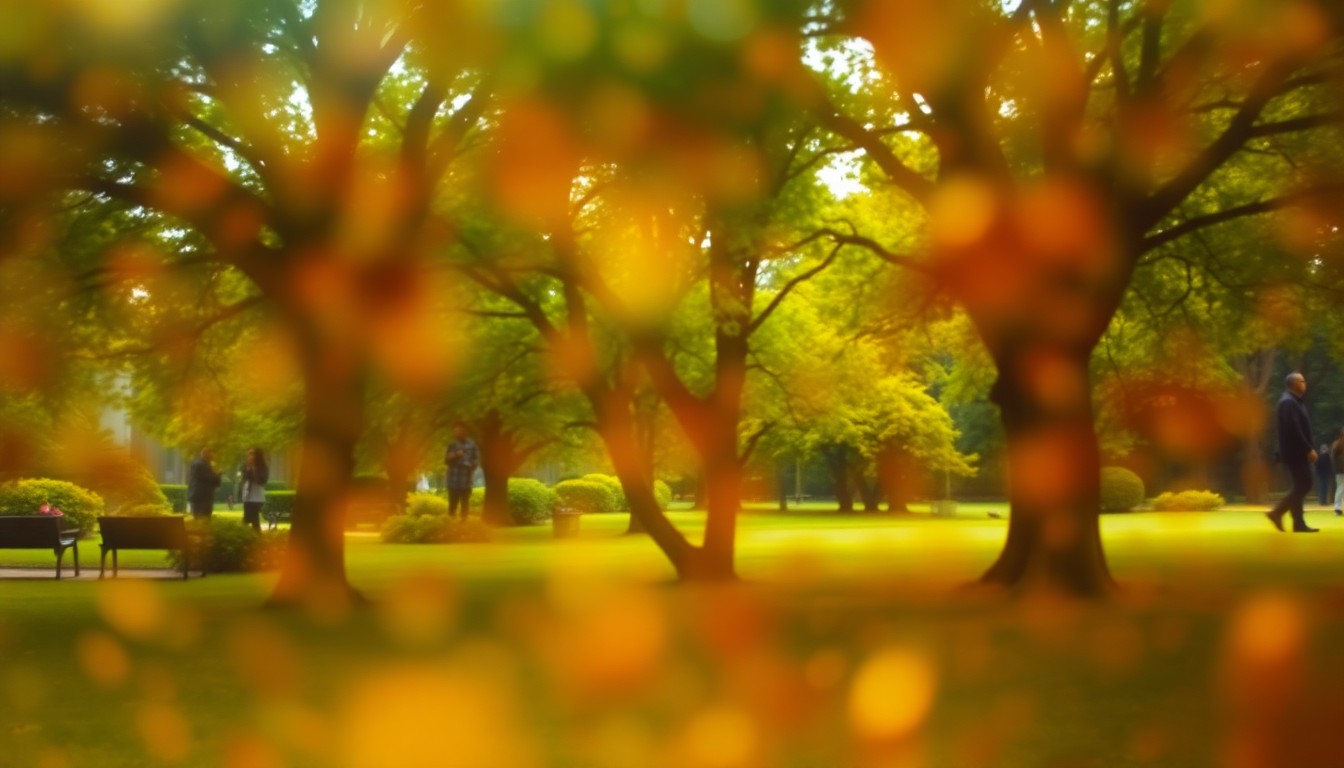 An abstract, impressionistic scene of a lush, green park with blurred figures and trees, conveying the celebratory and environmentally-conscious atmosphere of Encinitas' Arbor Day event.