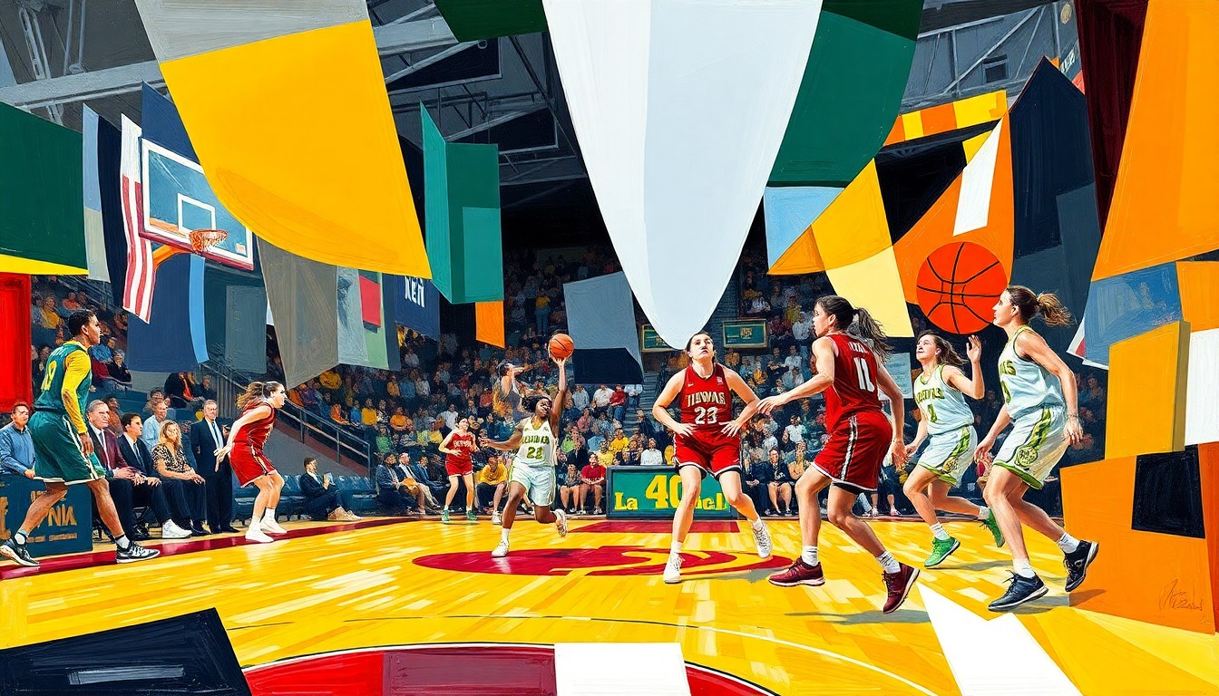 A fragmented, geometric painting depicting a women's basketball game, with sharp planes of color representing the uniforms of the opposing teams. The image captures the dynamic movement and energy of the sport through Picasso's distinctive cubist style.