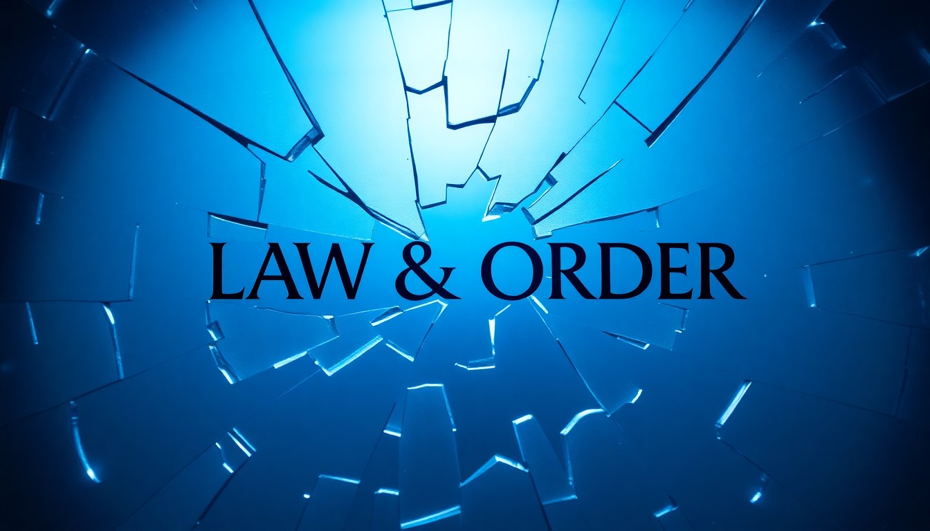 An abstract close-up image of shattered glass reflecting a soft blue light, conveying a sense of finality and the end of an era for the 'Law & Order' franchise.