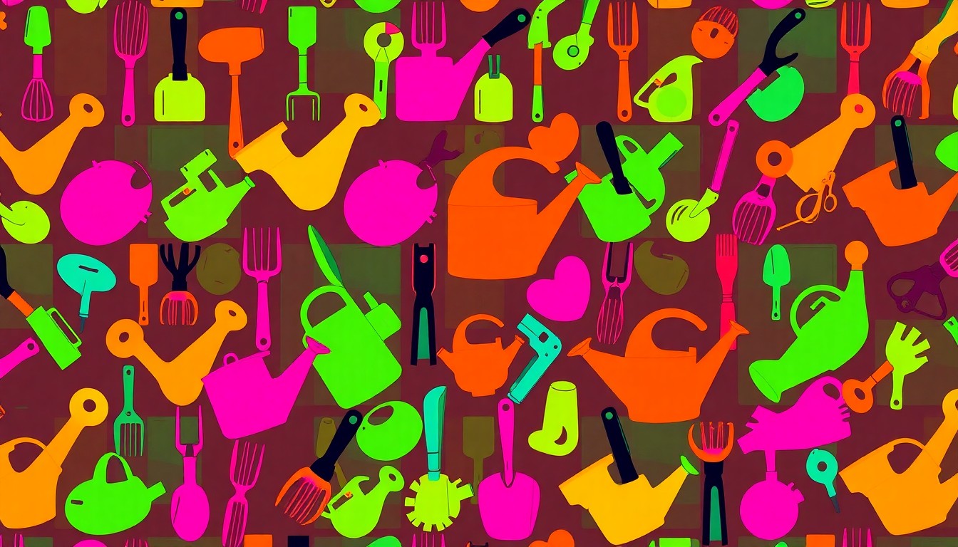 A grid of boldly colored, silkscreen-style illustrations of gardening tools like trowels, watering cans, and pruning shears, conceptually representing the vibrant energy and DIY spirit of a community gardening event.