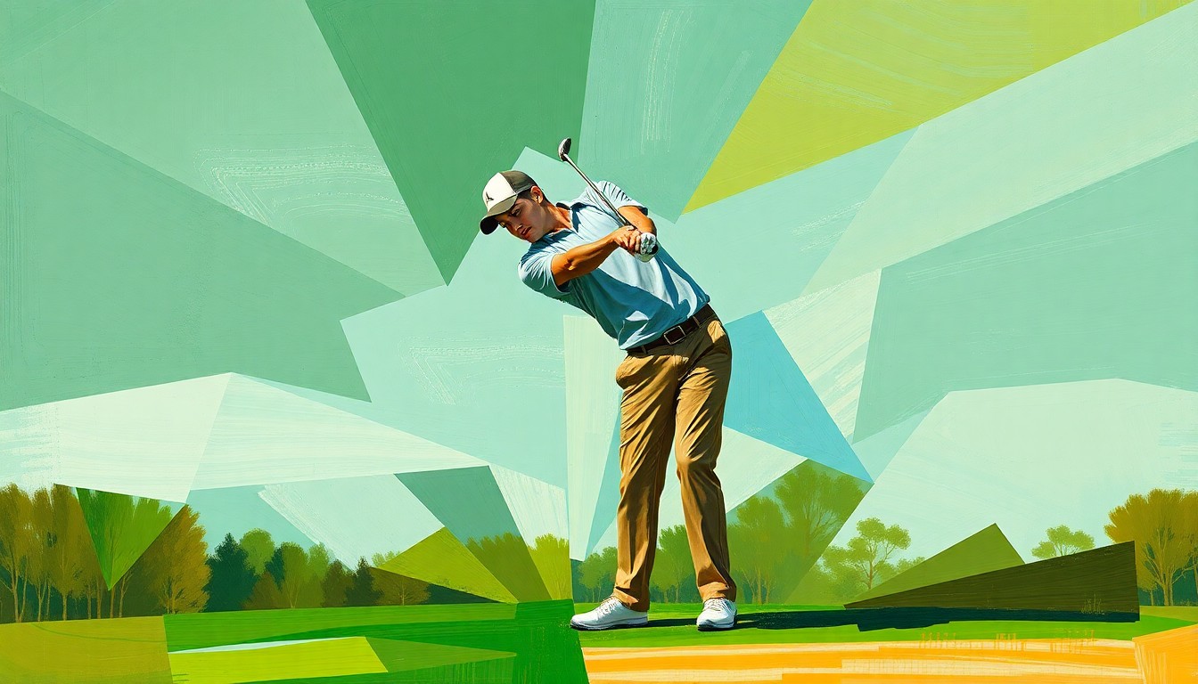 A fragmented, geometric painting depicting the motion of a college golfer's swing, with sharp planes of green, blue, and ochre overlapping to create a dynamic, abstract visual.