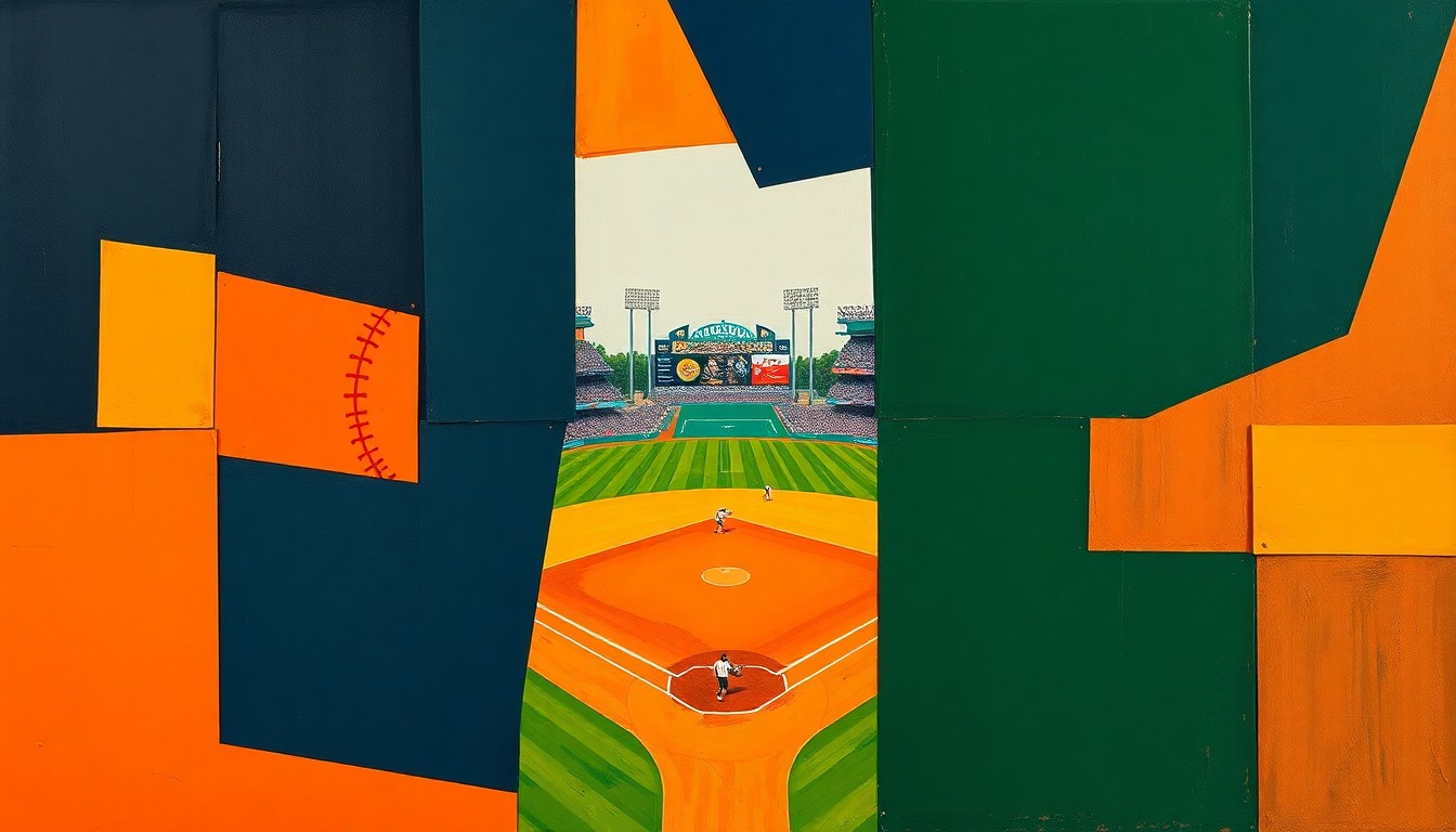 A cubist, geometric painting depicting a baseball game broken down into overlapping planes of navy, green, and orange, conveying the dynamic energy of the sport.