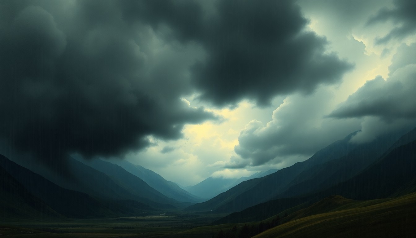 A vast, atmospheric landscape painting depicting a heavy rainstorm, with dark, ominous clouds obscuring the horizon and dwarfing any physical structures or objects caught within the frame. The scene conveys a sense of the overwhelming, sublime scale of the natural world.