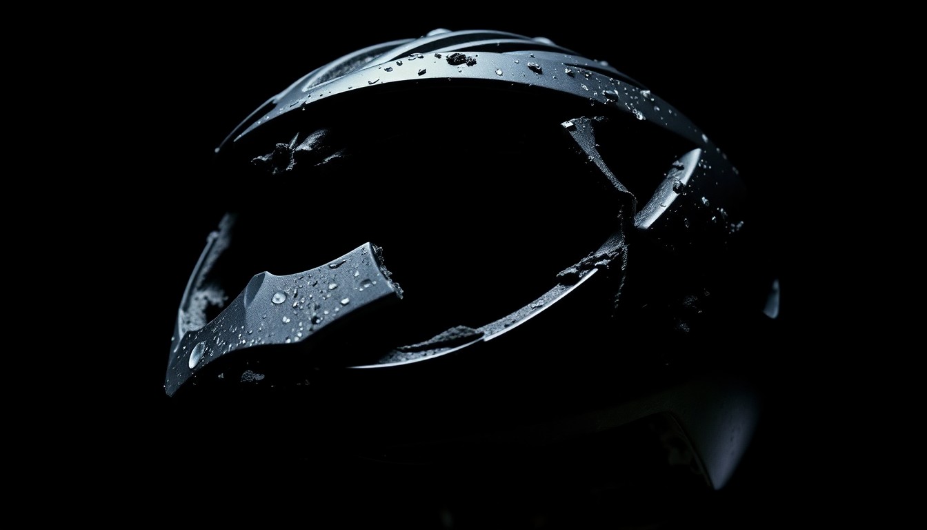 An extreme close-up photograph of a shattered bicycle part, such as a twisted handlebar or crumpled frame, against a stark black background, conceptually representing the tragic aftermath of the DUI crash that killed two young boys.