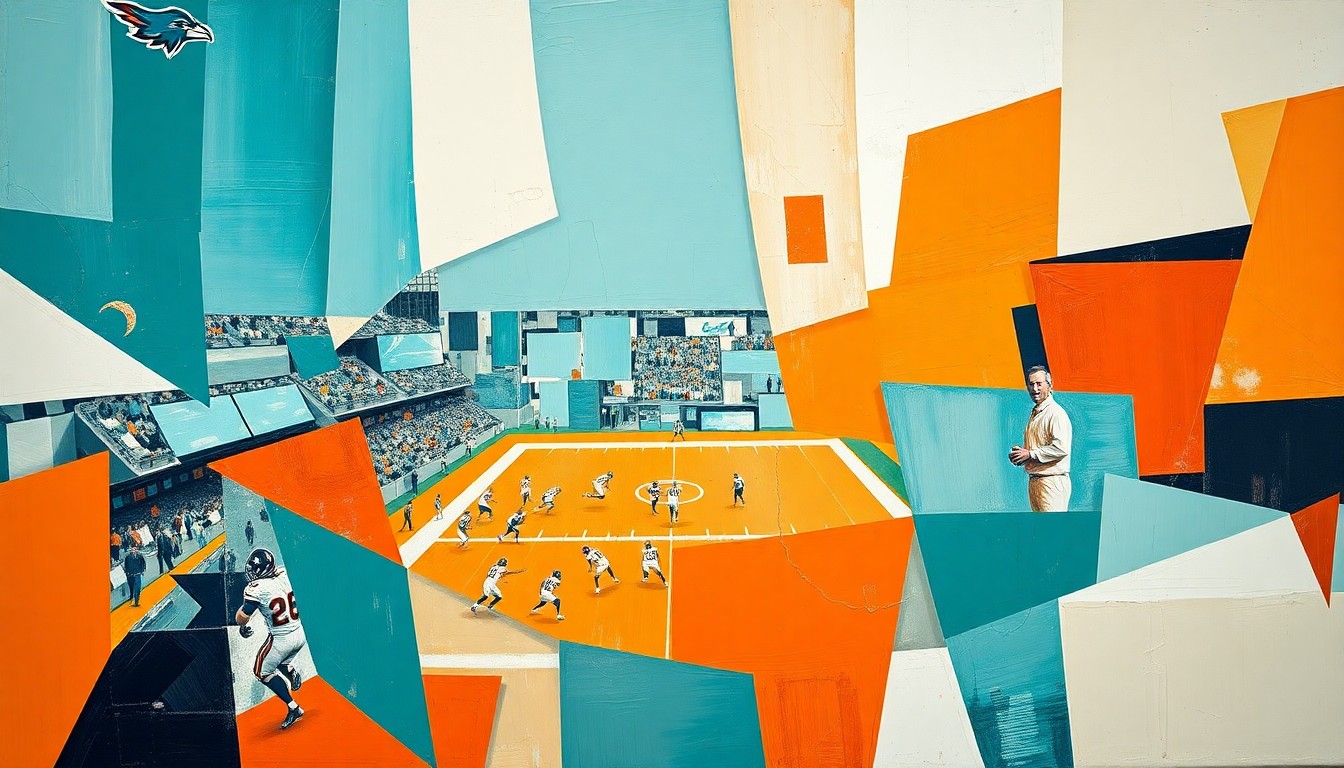 A cubist, geometric painting depicting a fragmented, multi-perspective view of a football game, with sharp, overlapping planes in teal, orange, and white, conceptually representing the complex decision-making process of an NFL team's draft strategy.