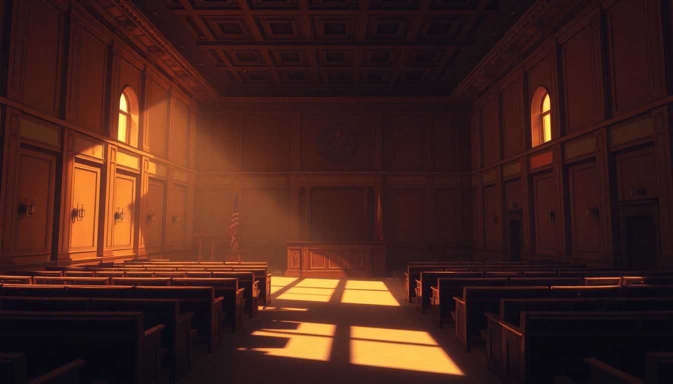 A dimly lit, empty city council chamber with rows of wooden desks and chairs, the space bathed in warm, golden light streaming through tall windows, conveying a sense of quiet contemplation and the weight of governmental decision-making.