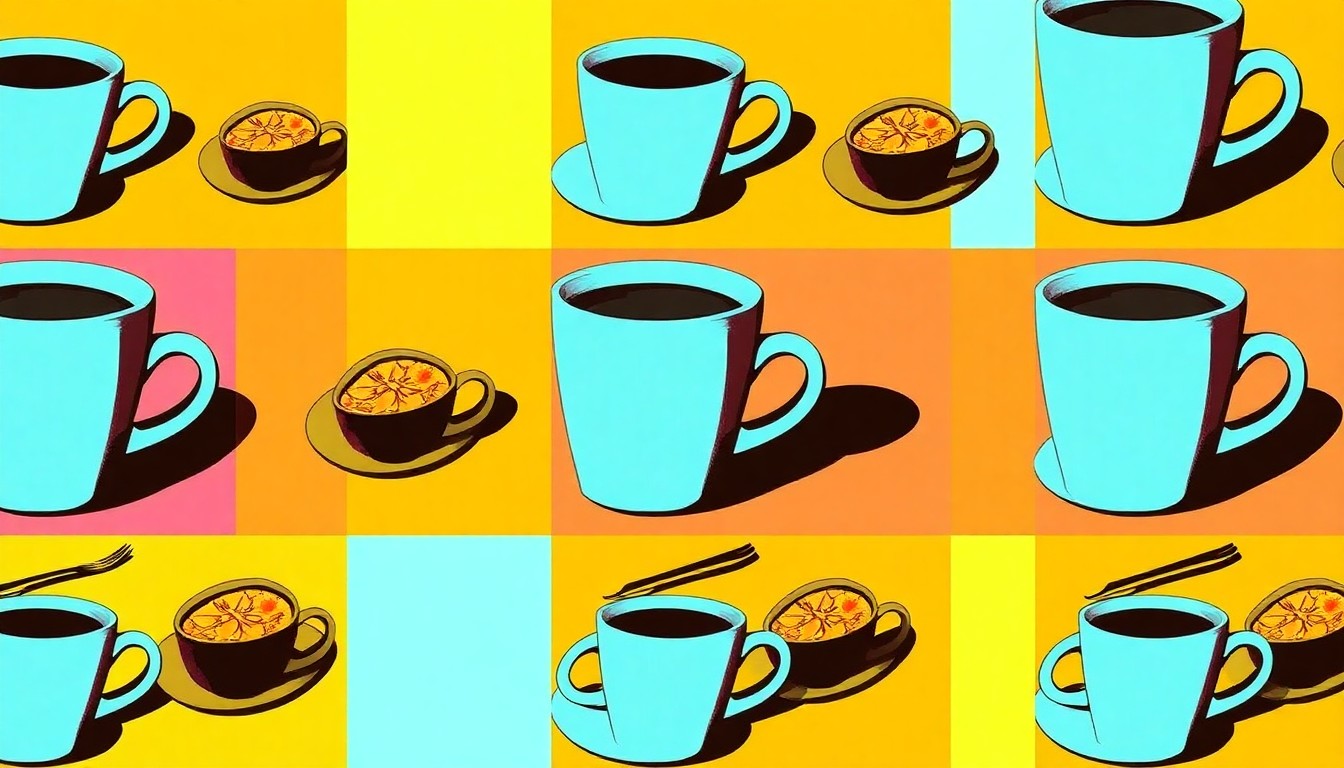 A brightly colored, high-contrast silkscreen print of a single, iconic plate of food repeated in a tight grid pattern, conceptually representing the accessible, affordable meals served at NEST Café.