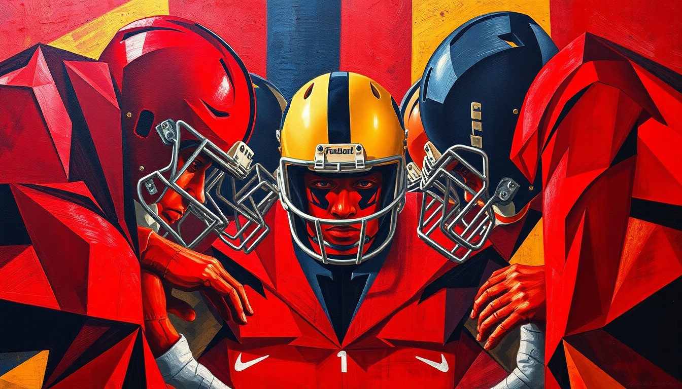 A cubist-style painting depicting the fragmented, geometric forms of football players on an offensive line, rendered in bold, contrasting colors that capture the power and intensity of the sport.