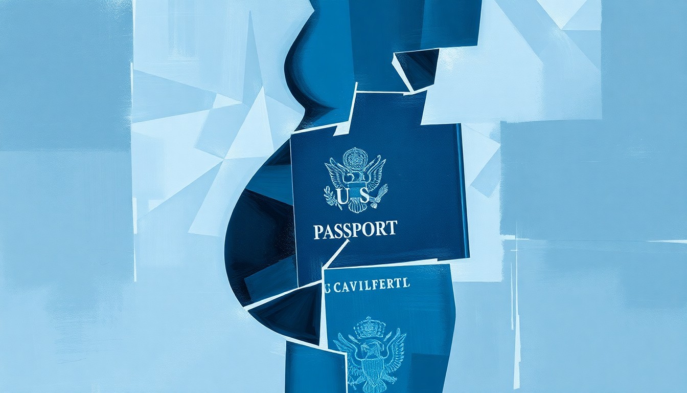 An abstract, fragmented painting in shades of blue and grey depicting the silhouette of a pregnant woman overlaid with the shape of a U.S. passport, conveying the conceptual tension around birth tourism and citizenship rights.