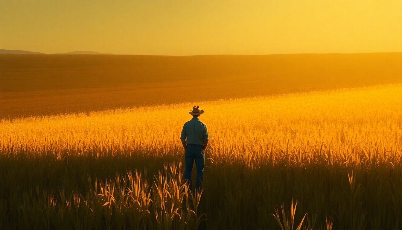 A serene, painterly scene of a lone farmer standing in a vast cornfield, the warm light and deep shadows evoking a sense of quiet contemplation about the future of family farming in Iowa.