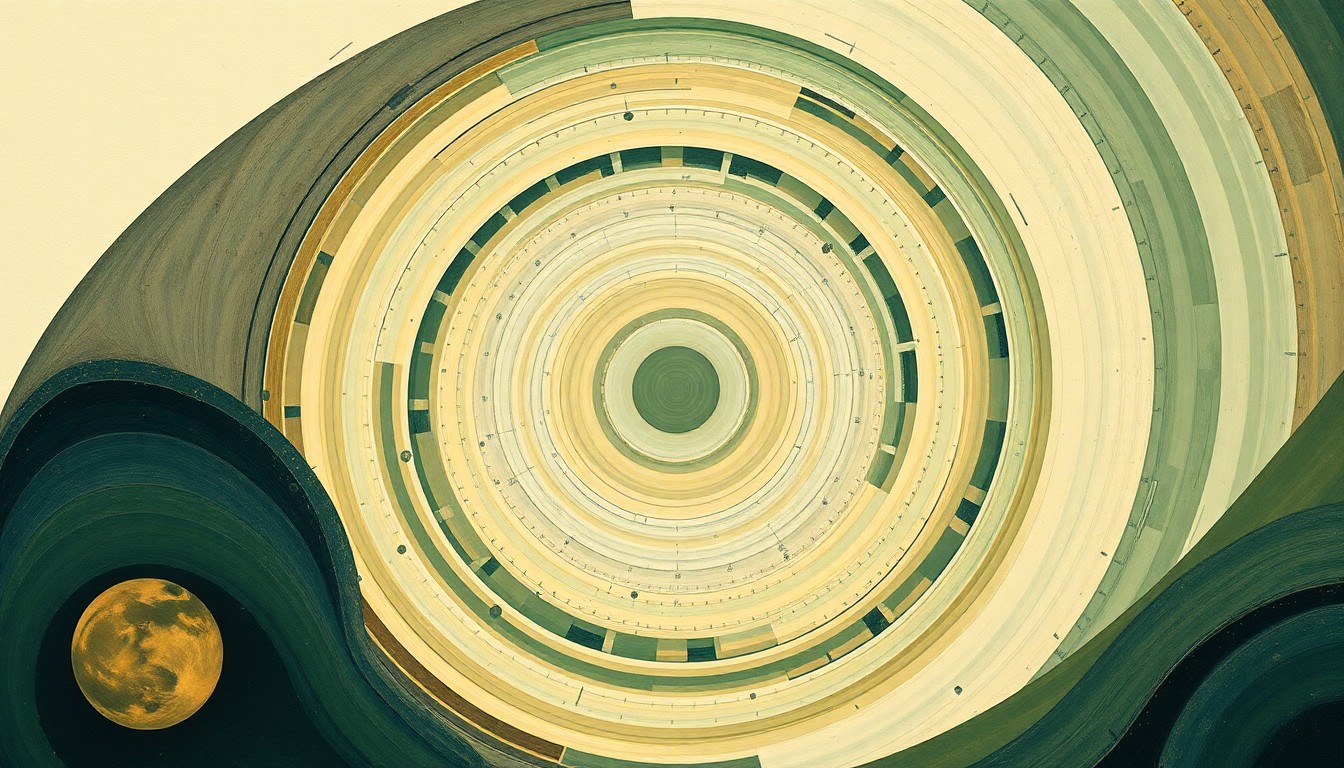 A bold, abstract painting in muted earth tones featuring sweeping geometric arcs, concentric circles, and precise spirals, conveying the structural order and forces of the universe without any text or symbols.