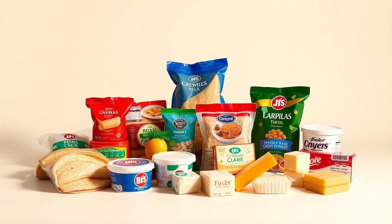 A photorealistic studio still-life photograph featuring an elegant arrangement of premium grocery items from BJ's Wholesale Club, including freshly made tortillas, ice cream cakes, and various cheeses, all set against a clean, monochromatic background with dramatic lighting and shadows.