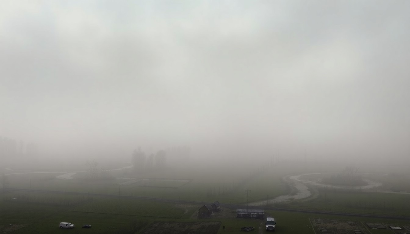 A vast, atmospheric landscape painting in muted tones of grey, blue, and green, depicting a flooded rural valley obscured by heavy fog, with only the faint outlines of damaged structures and vehicles visible in the distance, conveying the overwhelming scale and melancholic mood of the natural disaster.