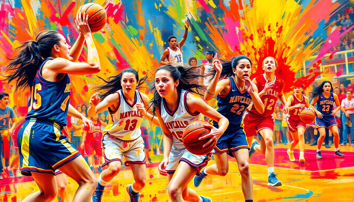 An abstract, energetic painting featuring bold, neon-colored brushstrokes that capture the dynamic movement and intensity of a girls' basketball game, with players' forms dissolving into vibrant, expressive shapes.