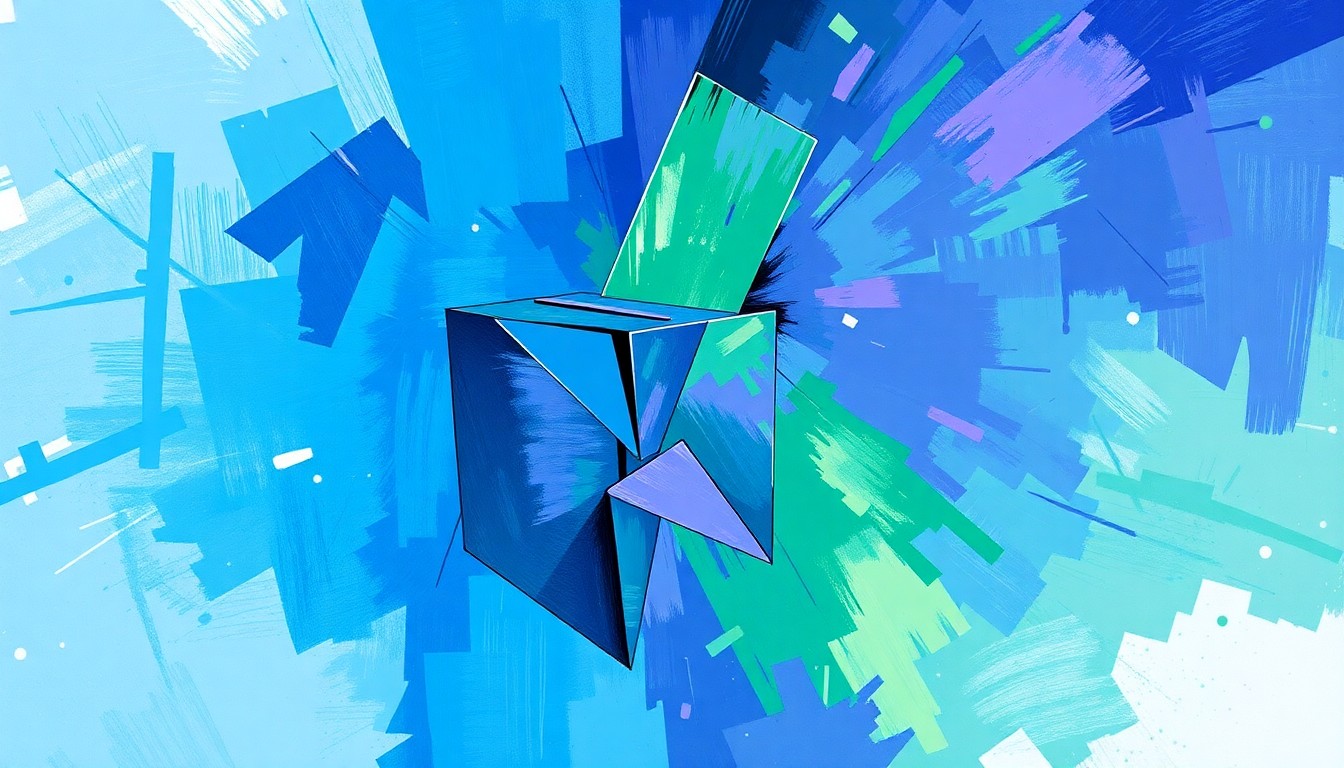 A dynamic, abstract painting featuring overlapping, fractured shapes in shades of blue, green, and purple, representing the contested nature of an upcoming school board election.
