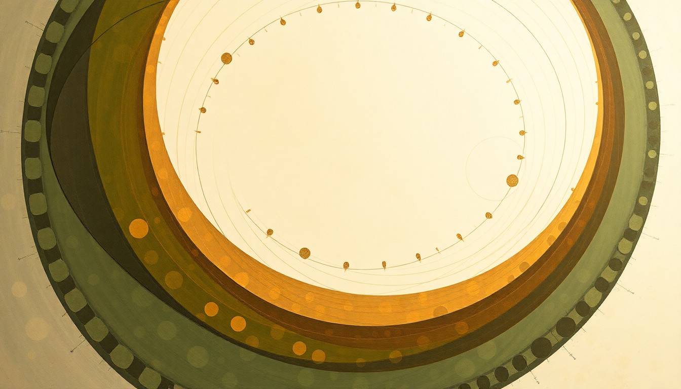 An abstract, geometric painting in earthy tones depicting the complex scientific forces and concepts behind sterile insect technique, a method for controlling the New World Screwworm pest that threatens livestock.