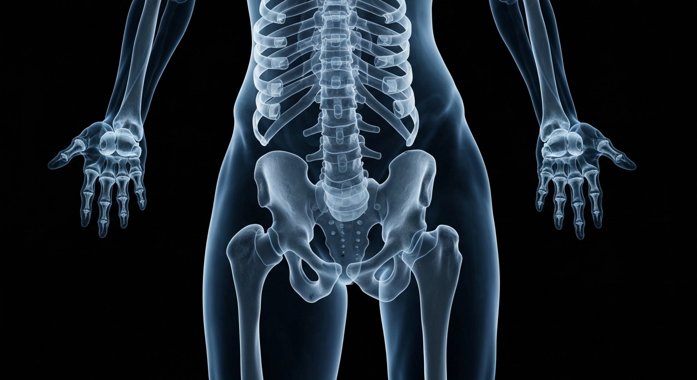 A translucent, ghostly X-ray image revealing the internal structure of a human leg with medical hardware, conceptually representing the medical issues faced by the story's subject.