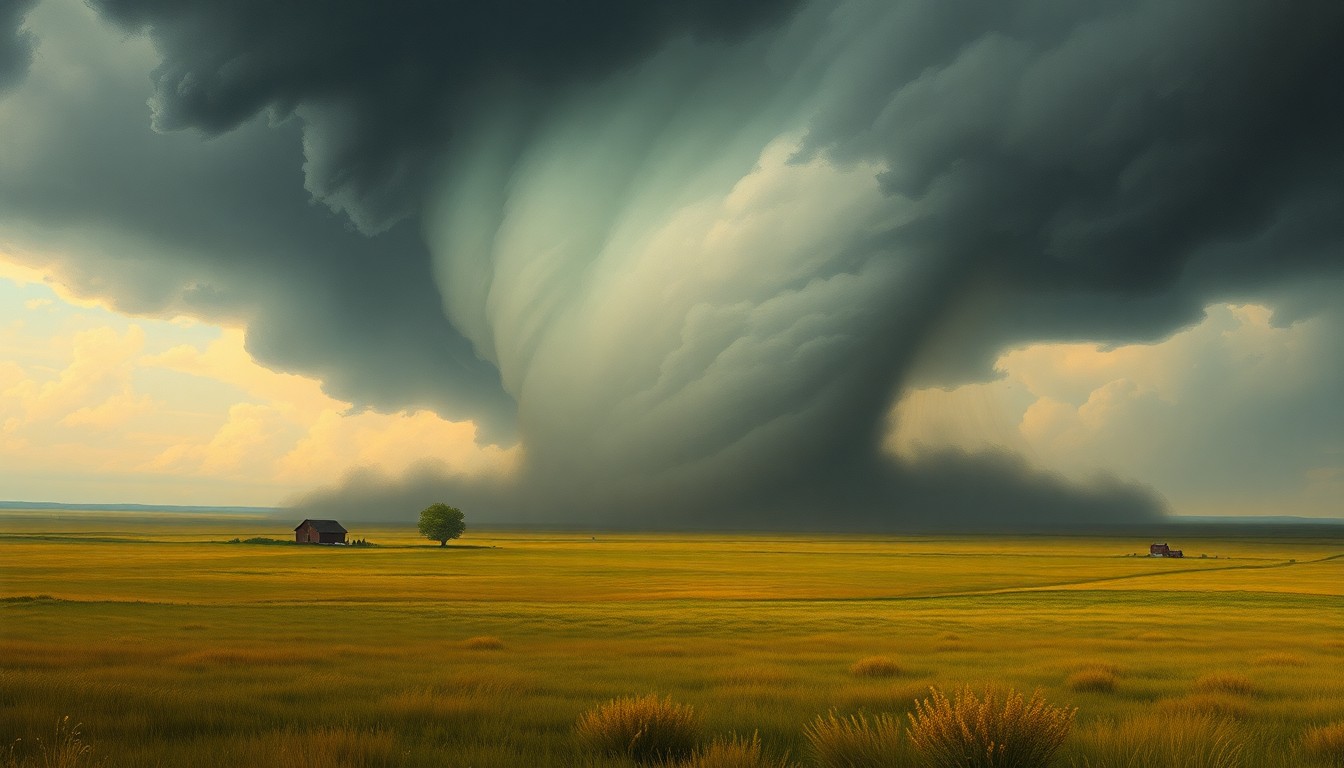 A sweeping, atmospheric landscape painting depicting a massive tornado dominating the Kansas prairie, conveying the overwhelming scale and force of the extreme weather event.