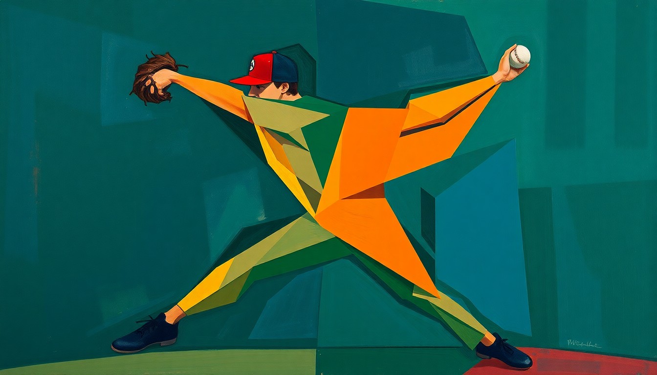 A cubist-style painting depicting a baseball pitcher's throwing motion broken down into sharp, overlapping geometric shapes in navy, green, and orange tones, conveying the disruption caused by the player's season-ending injury.