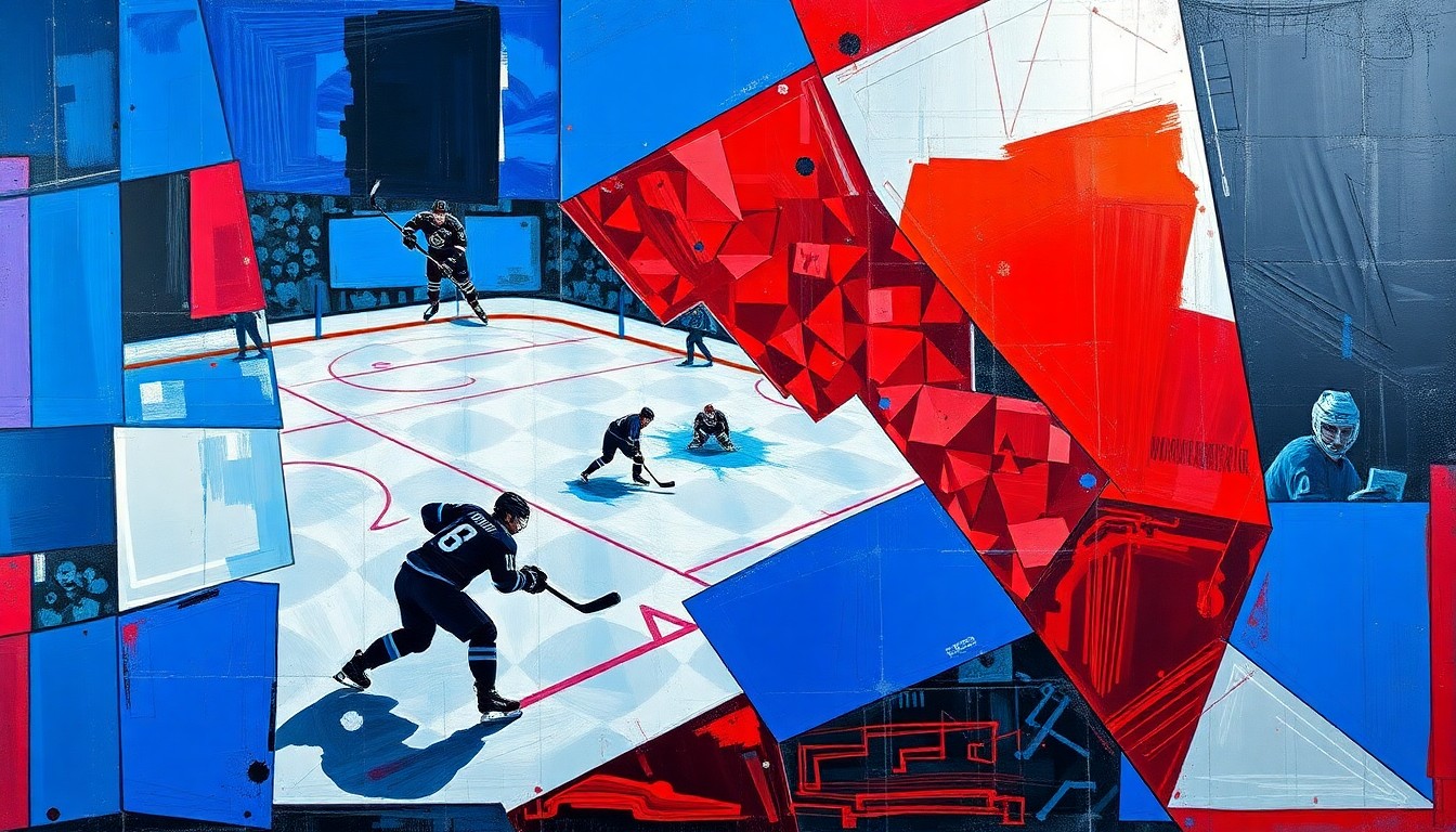 A cubist-style painting depicting a hockey game broken down into sharp, overlapping geometric shapes in vibrant blue, red, and silver tones, conveying the analytical and innovative approach the new Devils GM will bring to the team.