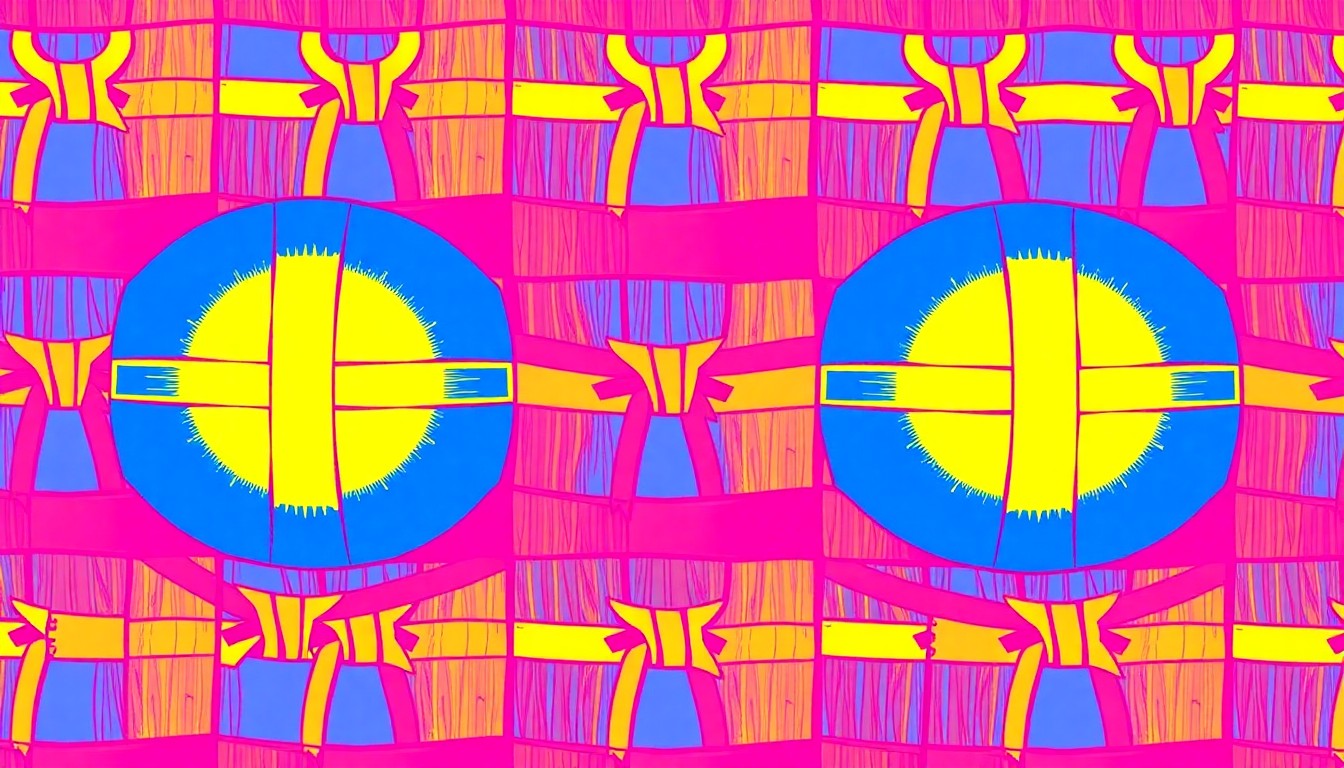 A bold, graphic illustration featuring a repeating pattern of a sumo wrestler's mawashi (belt) in a vibrant neon color palette, conceptually representing the energy and cultural significance of the Sushi & Sumo event.