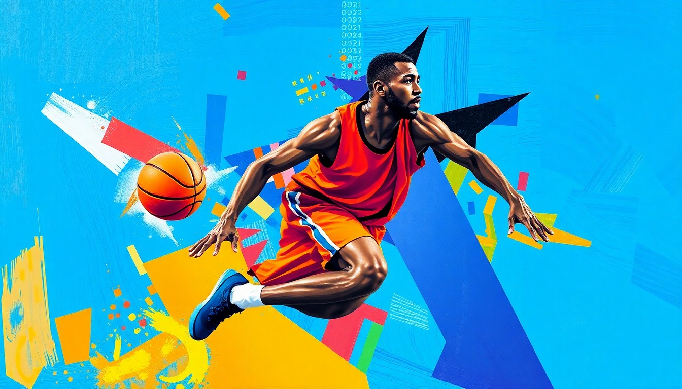 A cubist-style painting depicting a basketball player in motion, broken down into sharp, overlapping geometric shapes in vibrant colors like blue, orange, and purple, conceptually representing the dynamic potential of a Donovan Mitchell trade to the Brooklyn Nets.