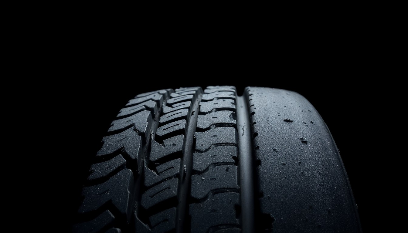 An extreme close-up photograph of a heavily damaged semi-truck tire tread, with the textured rubber and metal wires exposed, conceptually representing the sudden impact and investigation of a highway crash.