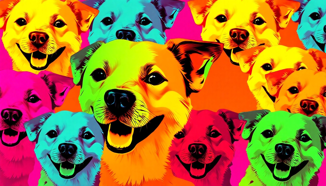 A vibrant, pop art-inspired illustration featuring a repeated grid of a smiling dog's face in bold, neon colors and heavy black outlines, conceptually representing the joyful energy and community spirit of an animal adoption event.