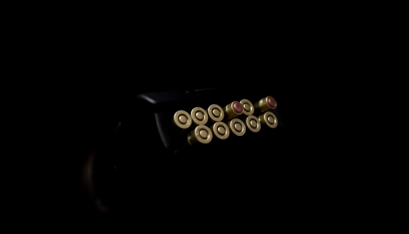 An extreme close-up photograph of a handgun magazine loaded with ammunition, lit by a harsh, direct camera flash against a pitch-black background, creating a stark, gritty, investigative aesthetic.