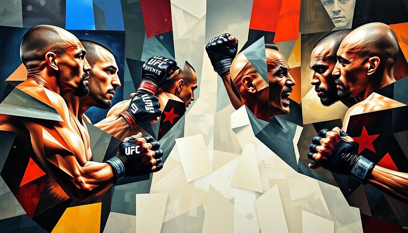A cubist-style painting featuring fragmented, overlapping geometric shapes in shades of blue, red, and yellow, capturing the dynamic movements and styles of the UFC fighters in the main and co-main events.