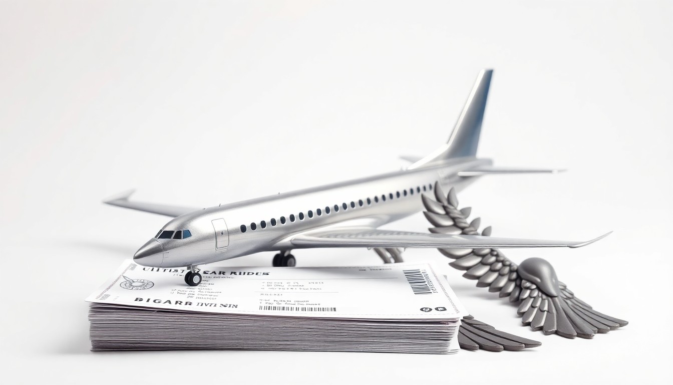 A photorealistic studio still life featuring a metallic model airplane, a stack of airline tickets, and a pair of pilot wings arranged elegantly on a clean white background, conveying the corporate strategy and independence of major airlines.
