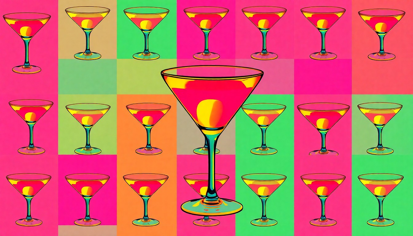 A highly stylized, abstract silkscreen print featuring a repeating grid of a single cocktail glass in vibrant neon colors and bold black outlines, conceptually representing the craft cocktail focus of the Baroness on Baronne lounge.