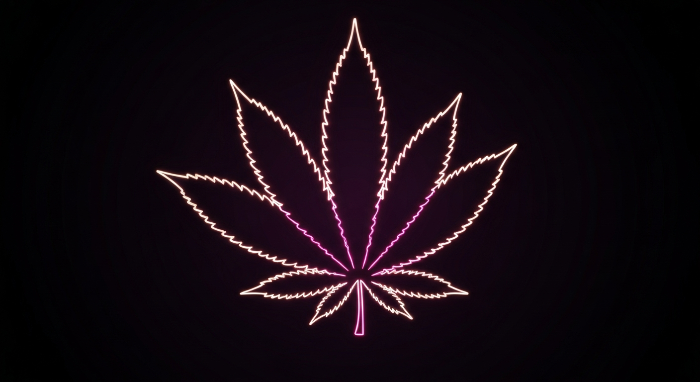 A minimalist design in the style of Keith Haring, where the shape of a cannabis leaf is defined entirely by glowing, vibrant neon lines against a deep, dark background, emphasizing the program's growth and potential.