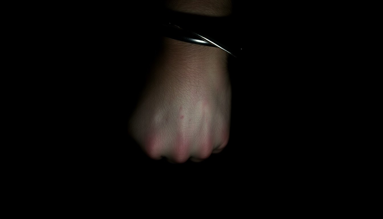 An extreme close-up photograph of a handcuffed wrist with visible bruising, conceptually illustrating the use of force by police during the arrest.