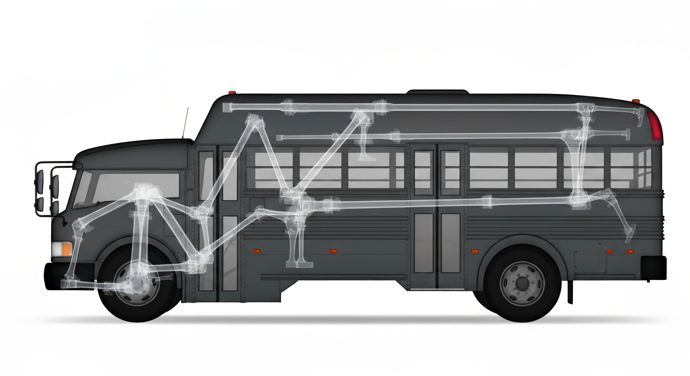 A ghostly, translucent x-ray photograph revealing the complex internal structure of a school bus, symbolizing the resilience and essential role of school transportation workers.