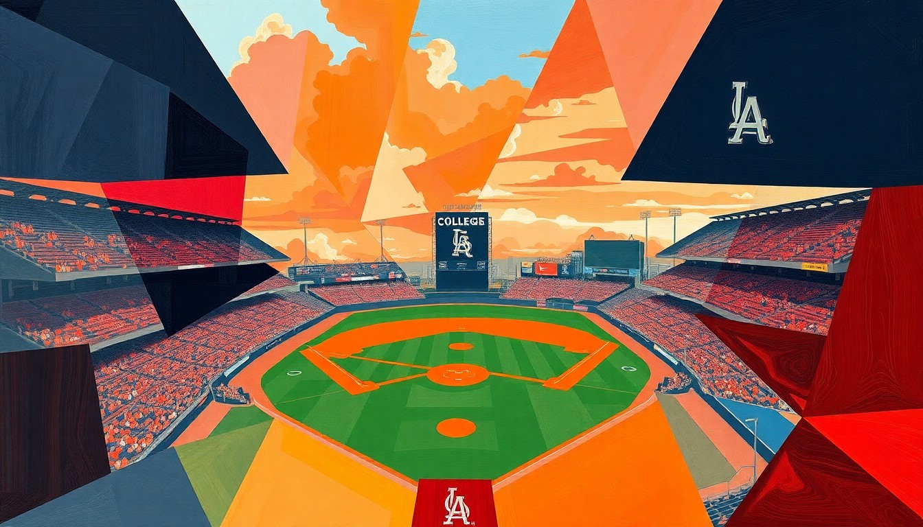 A fragmented, cubist-style painting depicting a college baseball game, with the players and field broken down into sharp, overlapping geometric shapes in shades of red, orange, and blue, conveying the fast-paced action and strategic depth of the sport.