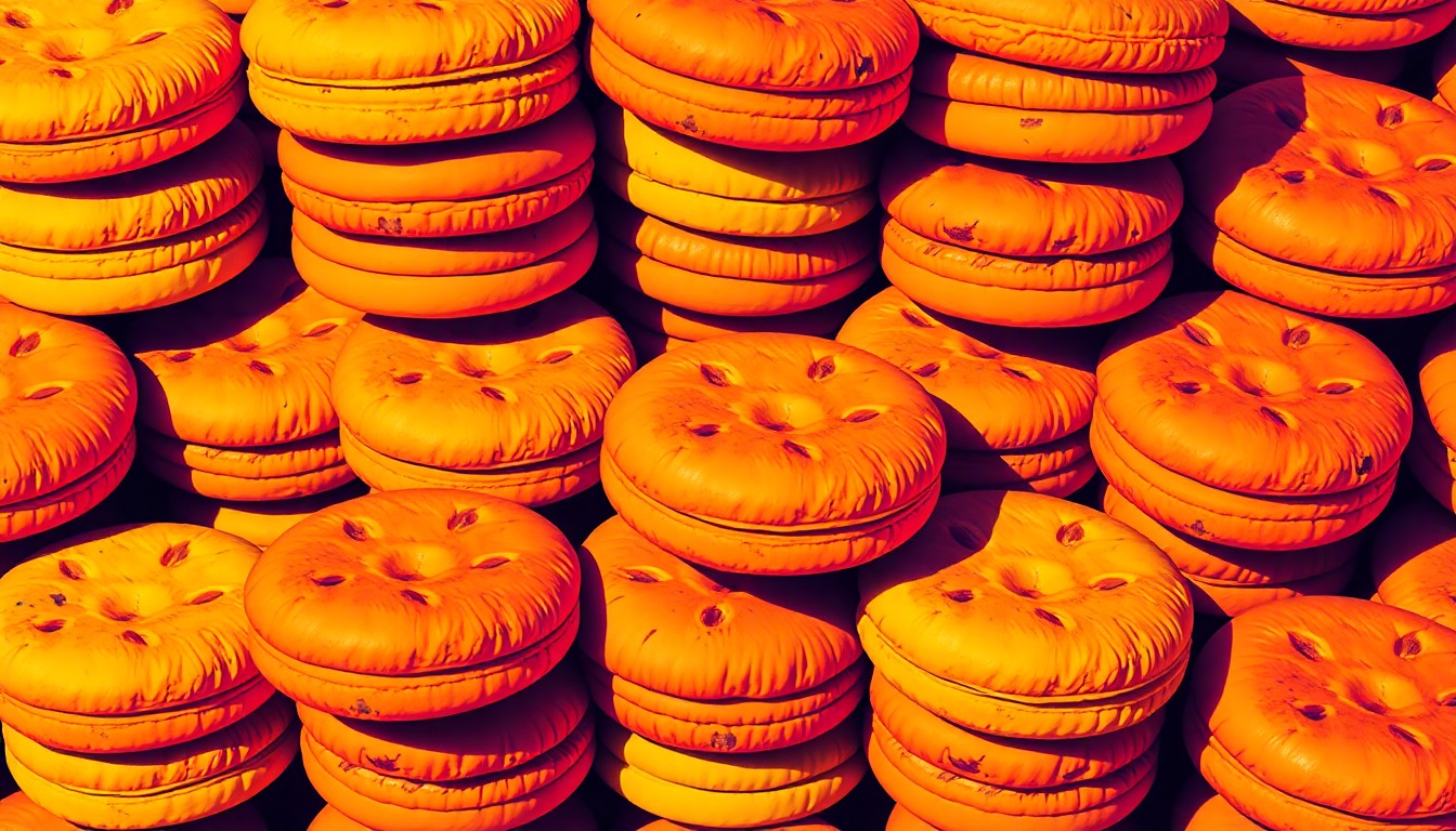 A brightly colored, high-contrast silkscreen print of a stack of freshly baked biscuits repeated in a tight grid pattern, conceptually representing the culinary talents of GLOW Academy students.