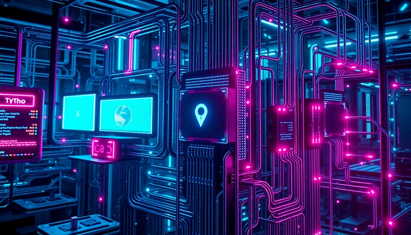 A highly detailed, glowing 3D illustration of a complex cybersecurity infrastructure system, with neon cyan and magenta lights illuminating the various components, conceptually representing the power and potential risks of advanced AI models.
