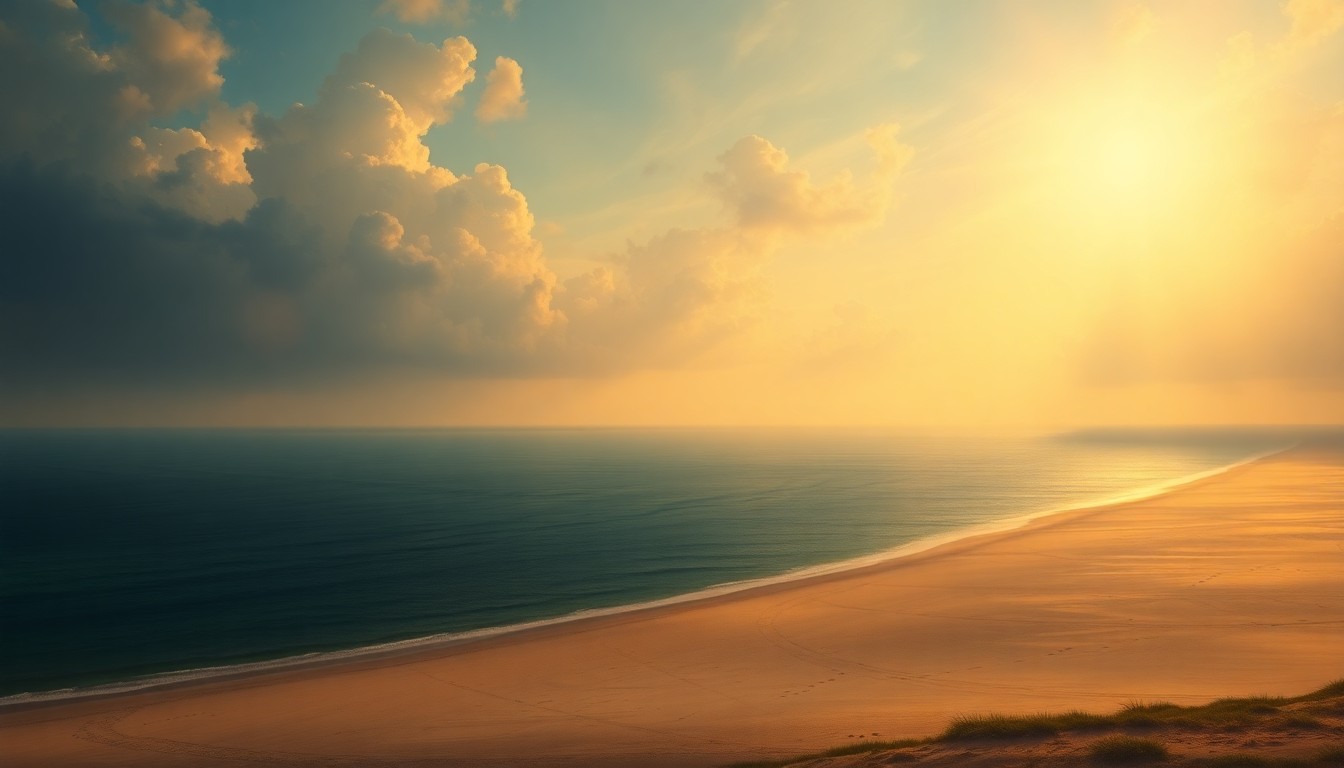A sweeping, atmospheric landscape painting depicting the Tampa Bay coastline under a warm, hazy sky, with the vast natural environment dwarfing the sandy beaches and Gulf of Mexico in the distance.